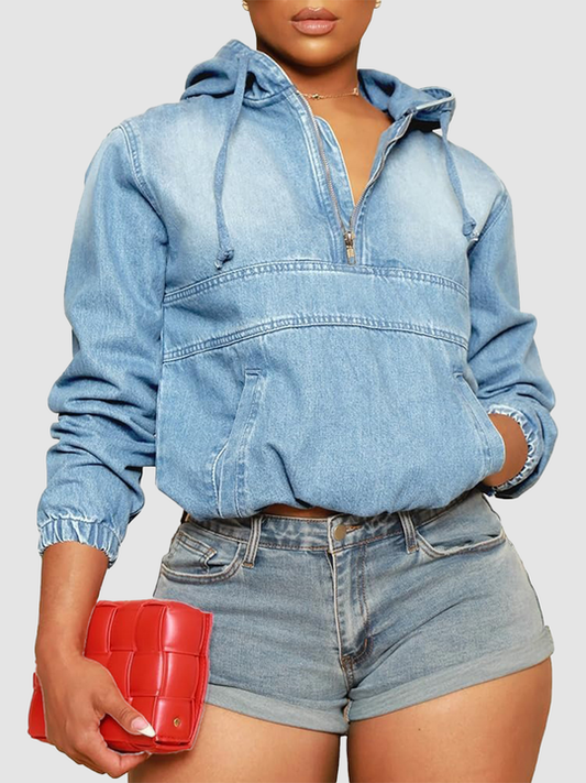 🥰Women's Half Zip Denim Hoodie Pullover Jackets With Pocket