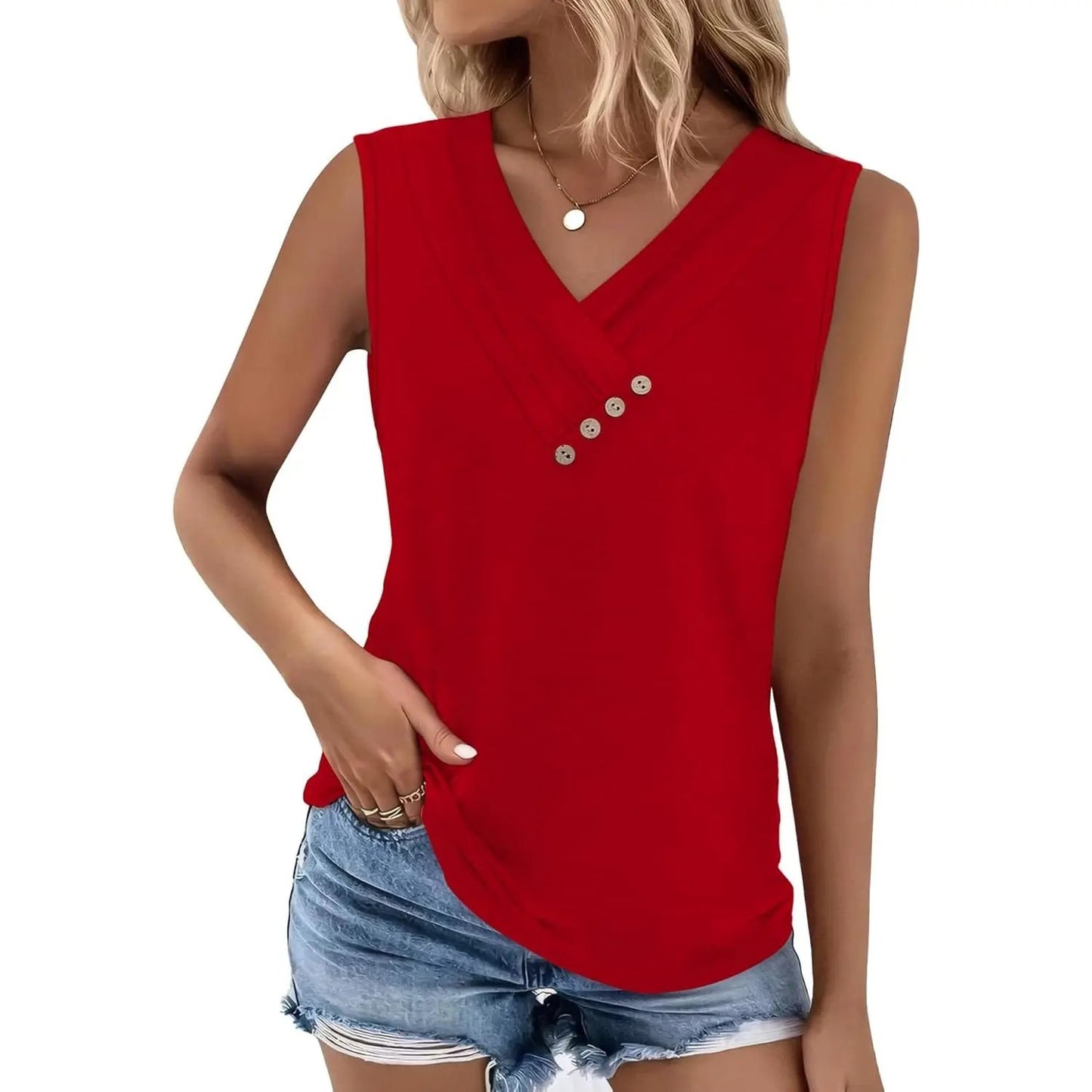 Women's V-Neck Sleeveless Button Tank Top
