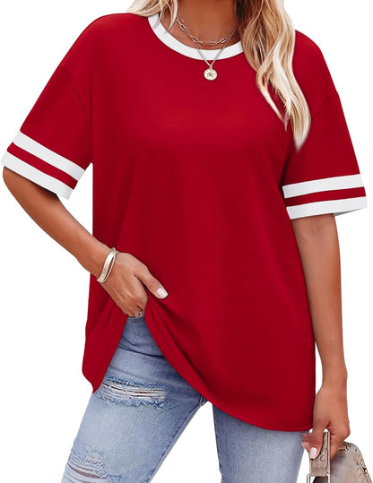✨ Women's Oversized Crew Neck Colorblock Striped Sleeve T-shirt