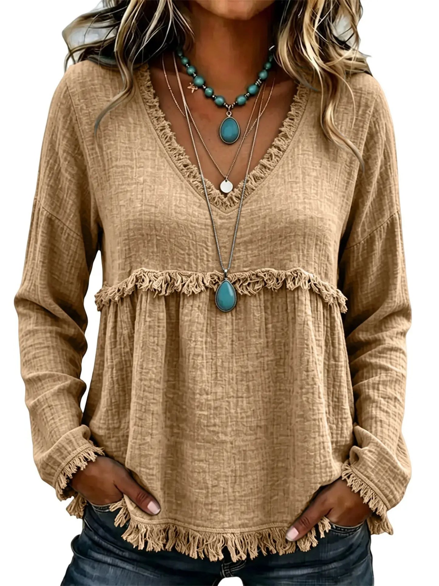 Boho V‑Neck Fringe Long Sleeve Top | Babydoll Loose Silhouette