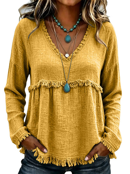Boho V‑Neck Fringe Long Sleeve Top | Babydoll Loose Silhouette