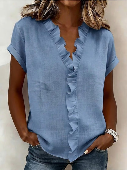 Women's V-Neck Ruffle Trim Short Sleeve Blouse