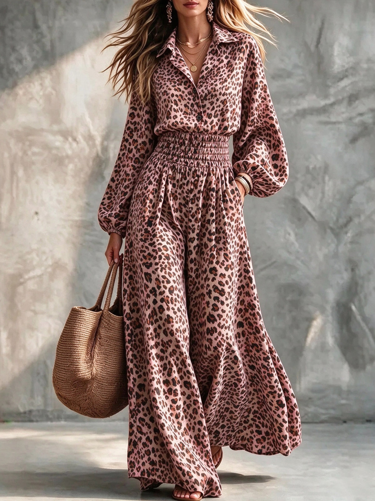 Vintage Leopard Print One-Piece Outfit With Pockets