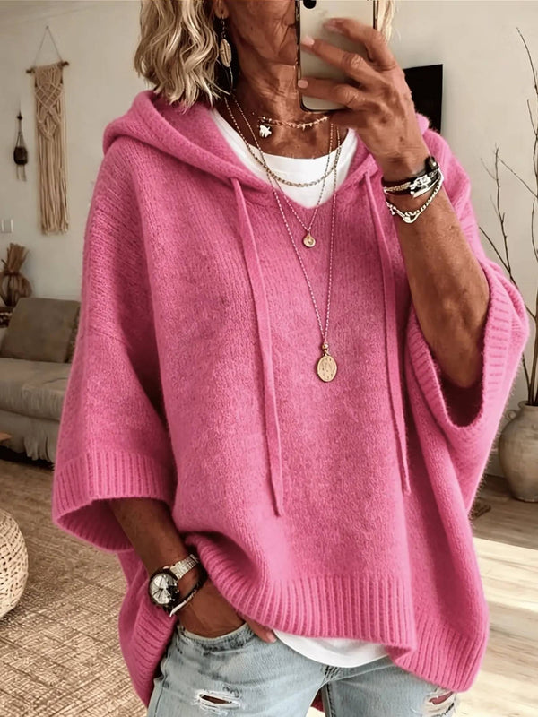 Women New Loose Batwing Short‑Sleeve Hooded Drawstring Knit Sweater