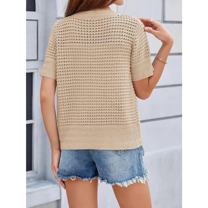 Womens Crochet Short Sleeve Cardigans Button Up Crew Neck Summer