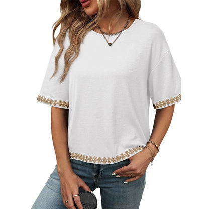 Women's Casual Summer Crewneck Short Sleeve Embroidered Loose Oversized Basic Tee