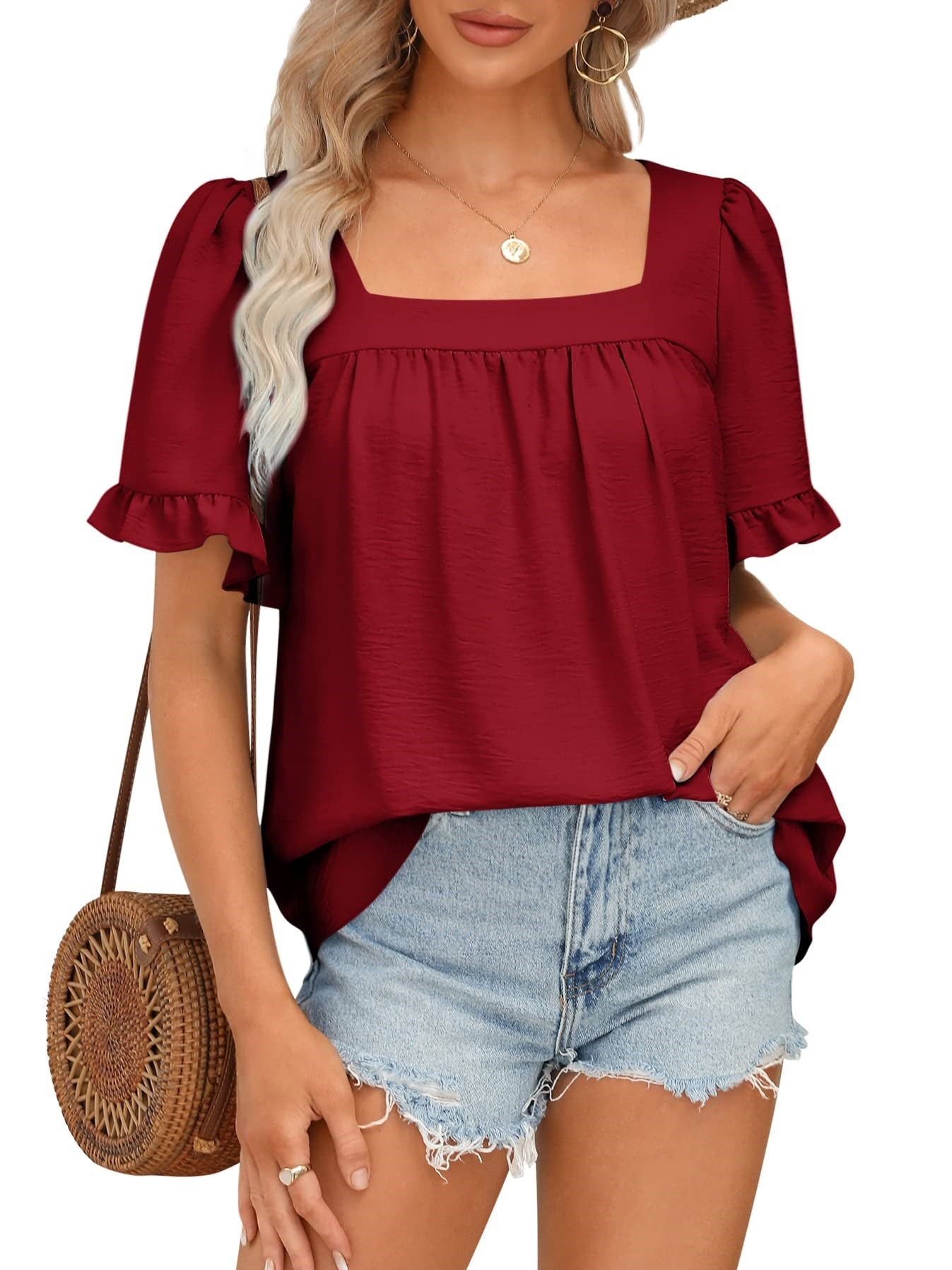 Women's Sqaure Neck Ruffle Sleeve Blouses Peplum Tops