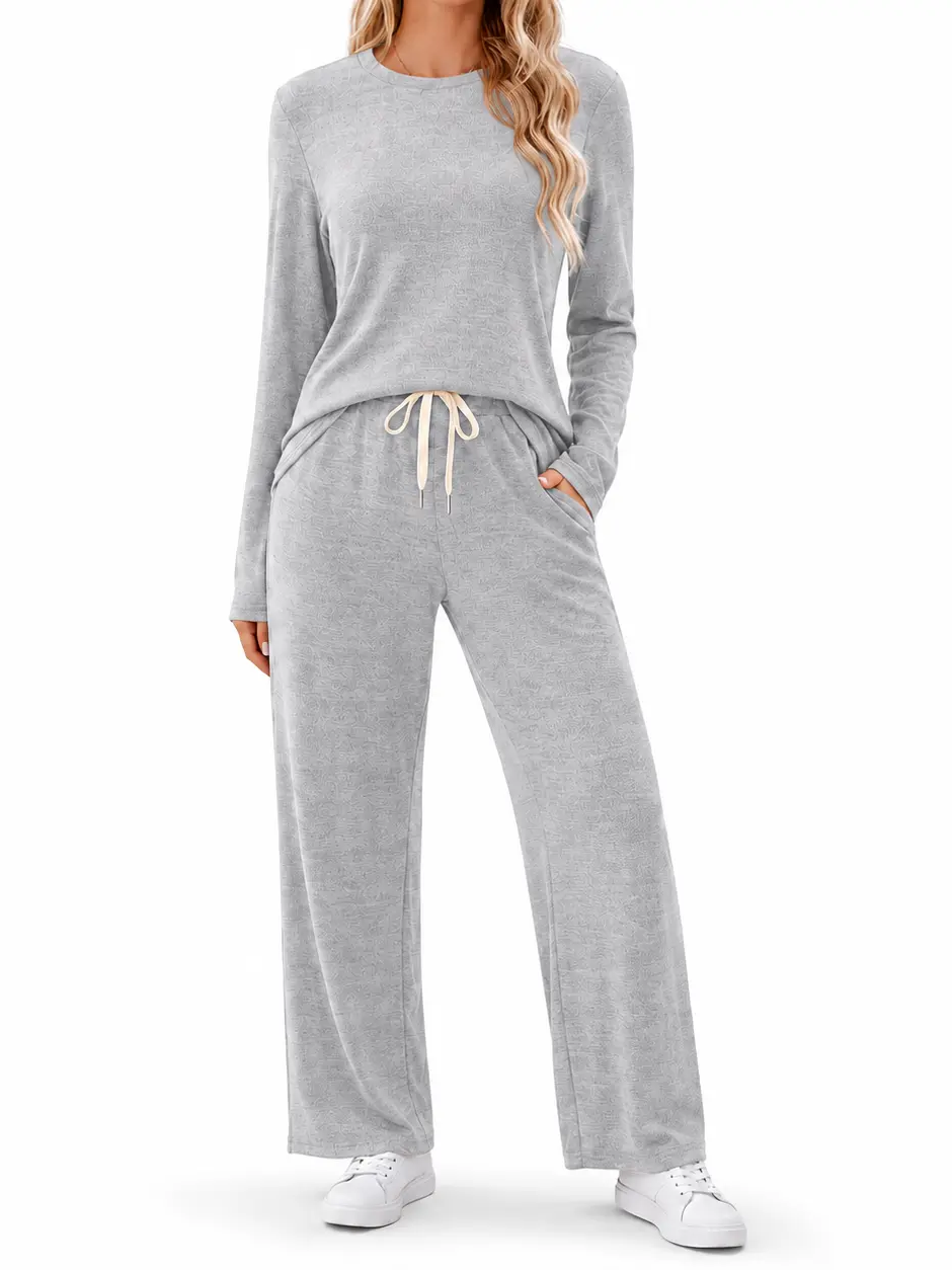 Women Two Piece Lounge Set With Drawstring Waist And Side Pockets