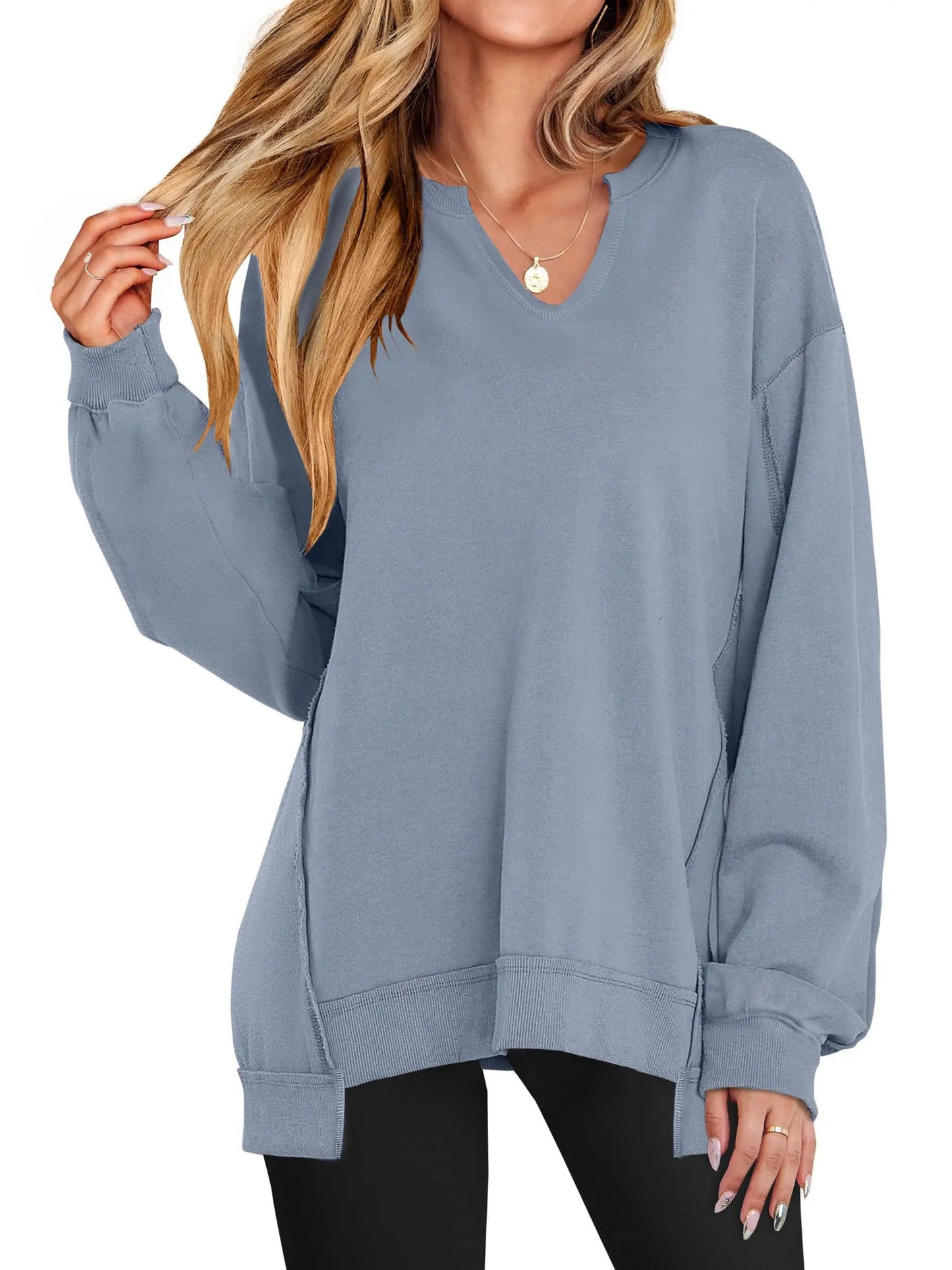 Women's Oversized V‑Neck Split‑Hem Sweatshirt