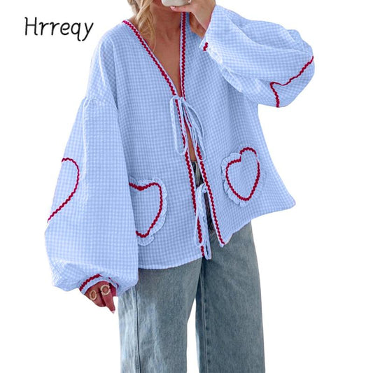 ⏰Hot Sale-Women Long Sleeve Shirts Heart Embroidery Plaid Front Bowknot Tie-Up Blouses
