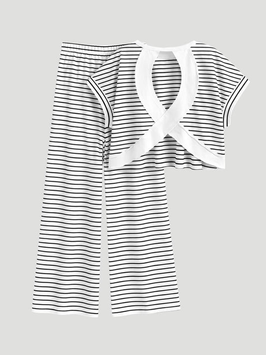 Women's Striped Cross-Back Crop Top & Wide Leg Pants Set