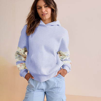 Womens Hooded Sweatshirt Long Sleeve Floral Print Patchwork Casual Loose Fit Tops