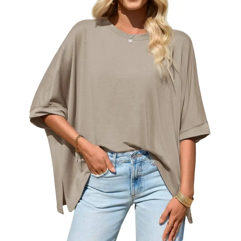 Women Batwing Sleeve Oversized Tee, Asymmetric Hem Casual Top