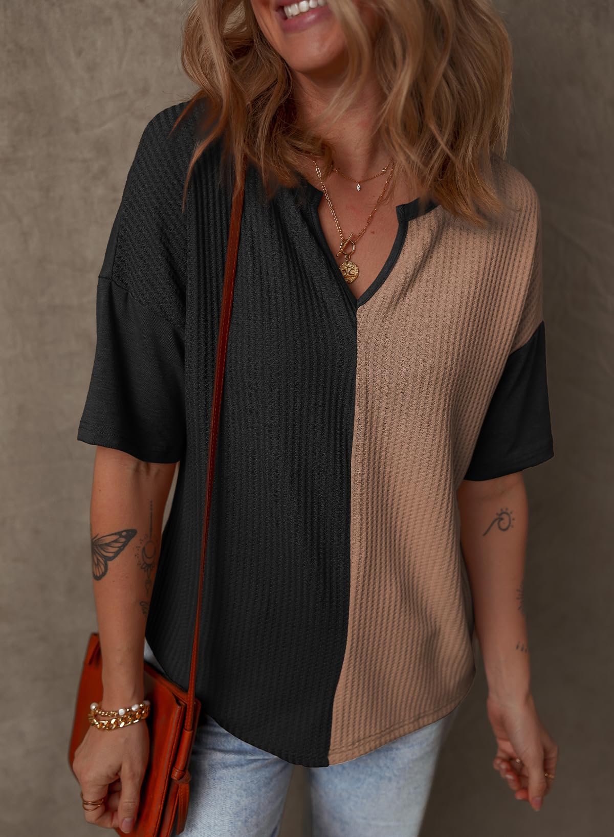 ✨Women's Half Sleeve Waffle Knit Casual V Neck Colorblock Patchwork Shirts