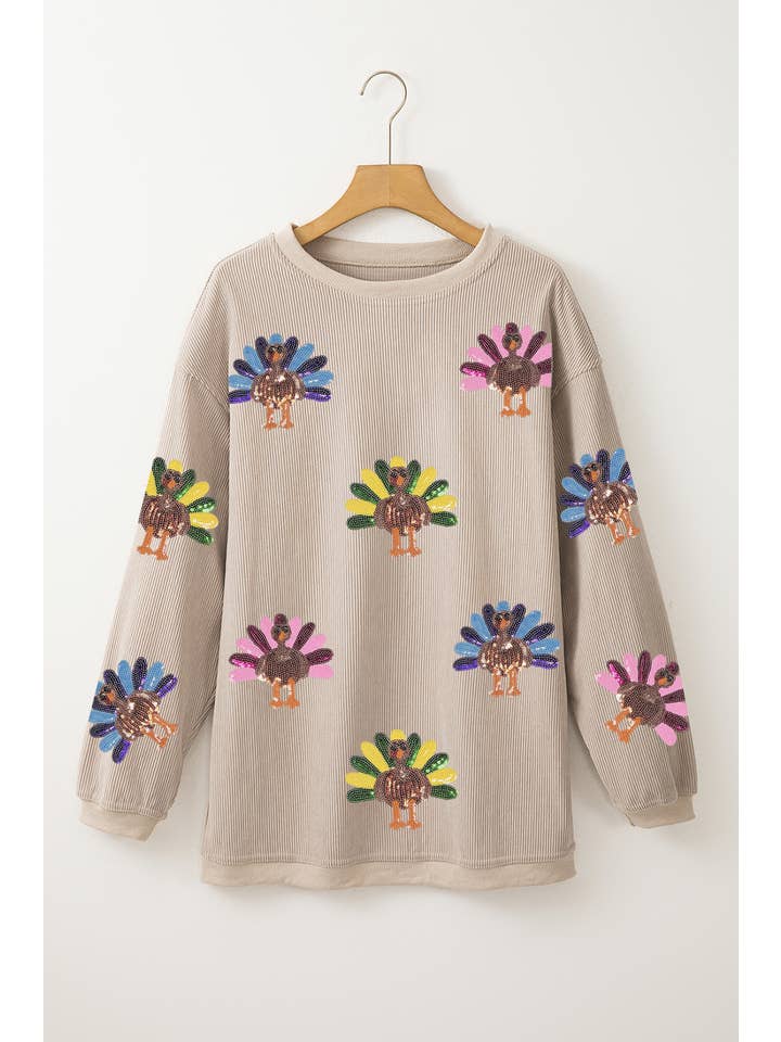 Women's Sequin Turkey Patch Thanksgiving Corduroy Sweatshirt