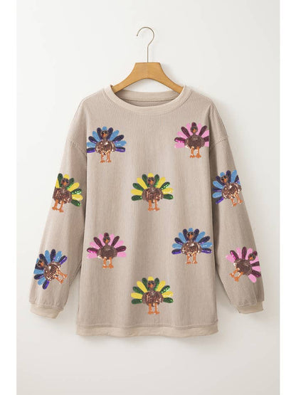 Women's Sequin Turkey Patch Thanksgiving Corduroy Sweatshirt