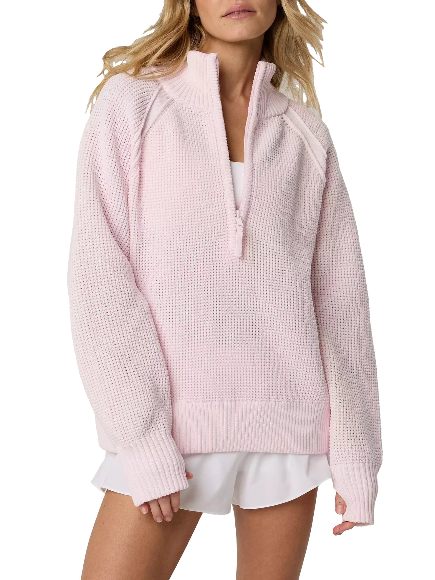 Women Quarter‑Zip Collared Waffle Texture Loose Long Sleeve Sweater