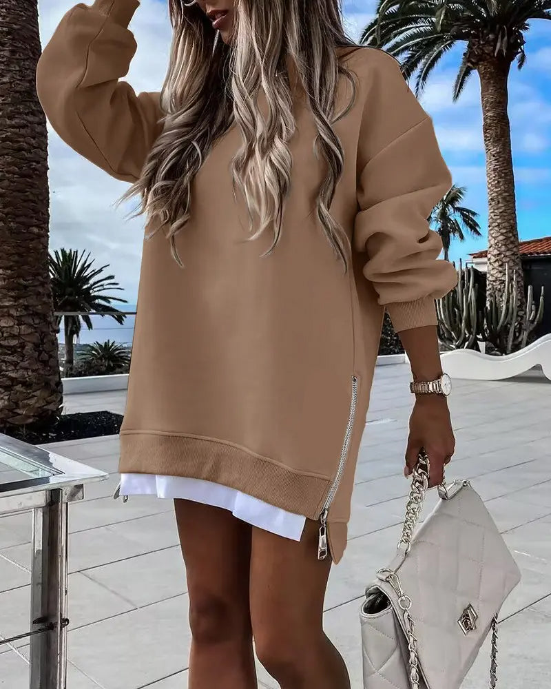 ✨Trend Women’s Long Sleeve Pullover Sweatshirt Zipper Slit Casual Dress