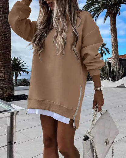 ✨Trend Women’s Long Sleeve Pullover Sweatshirt Zipper Slit Casual Dress