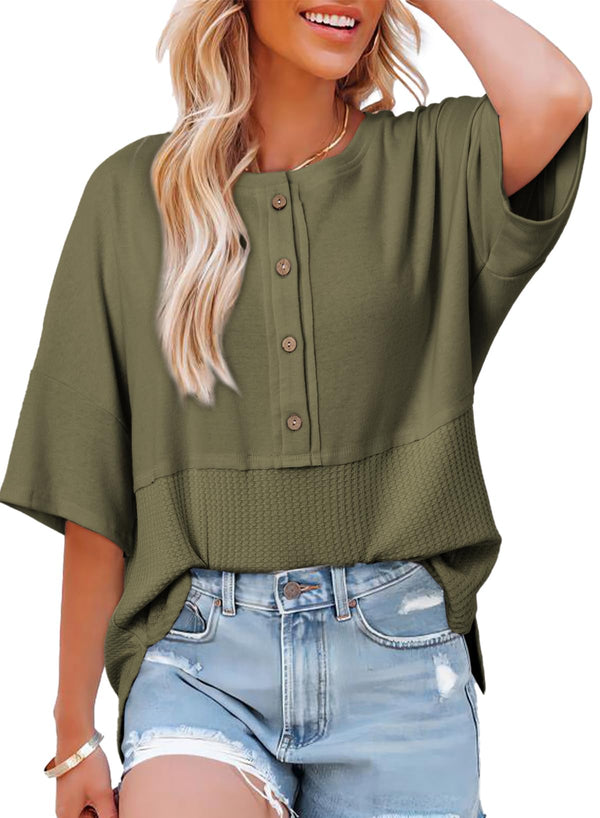 ⏰Hot Sale-Women's 3/4 Sleeve Casual Button Down Waffle Knit Tops
