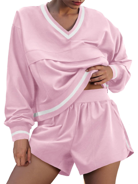 Womens Long Sleeve V Neck Sweatshirt High Waist Running Shorts Sets