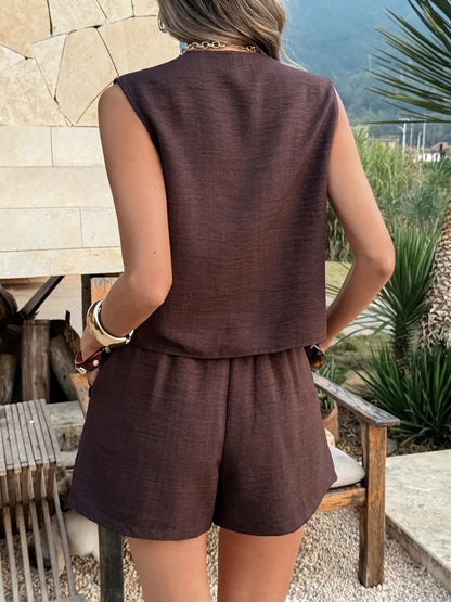 Women's V Neck Lace-Up Sleeveless Crop Top & Shorts Set