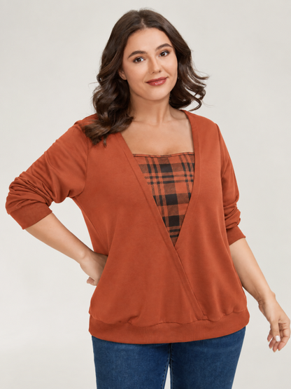 💖Plaid Spliced Fake Two Piece Square Neck Long Sleeve Top
