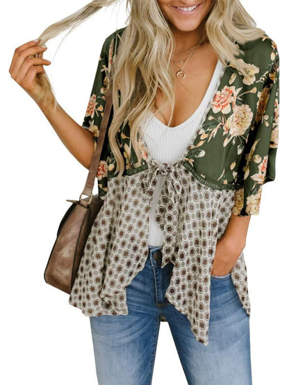 ⏰Hot Sale-Women's Floral Kimono Ruffle Sleeve Tie Cardigans Flowy Boho Loose Cover Ups