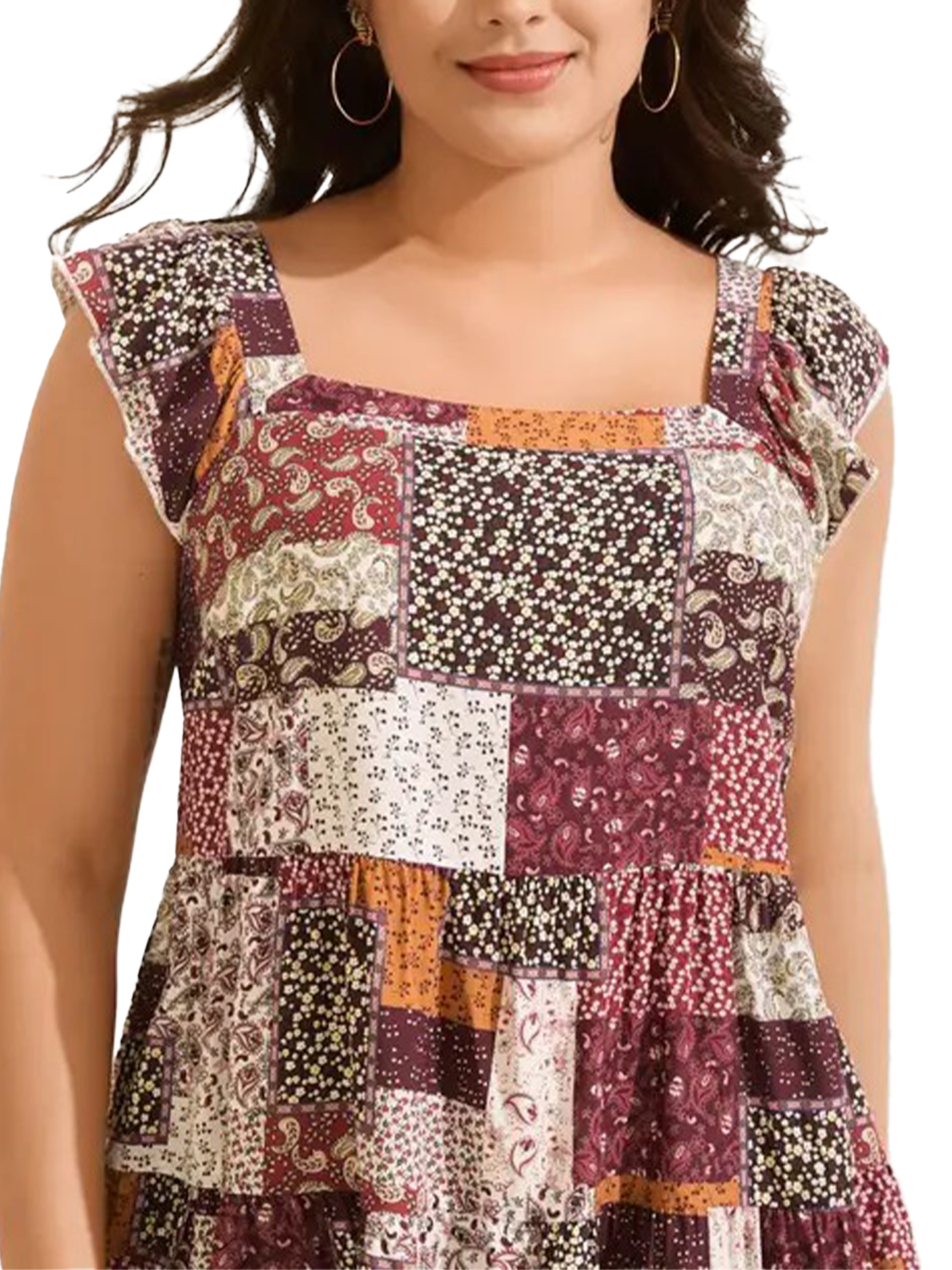 Women Plus Size Square Neck Sleeveless Floral Plaid Patchwork Boho Tunic Tank Top