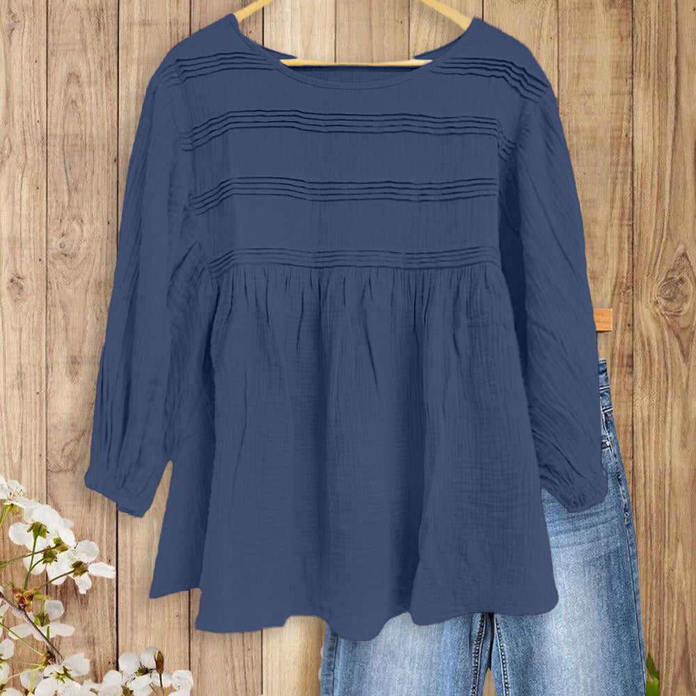 Women's 3/4 Puff Sleeve Blouse with Ruffled Cuffs & Pleated Details