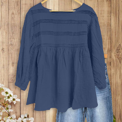 Women's 3/4 Puff Sleeve Blouse with Ruffled Cuffs & Pleated Details