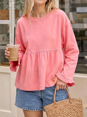 Women Crew Neck Ruffle Cuff Peplum Top