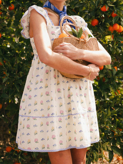 Women's Floral Mini Dress Cap Sleeve Square Neck Babydoll Dress