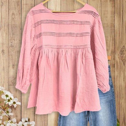 Women's 3/4 Puff Sleeve Blouse with Ruffled Cuffs & Pleated Details