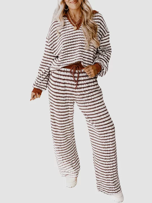 Women Striped Two Piece Set V Neck Top Drawstring Wide Leg Pants