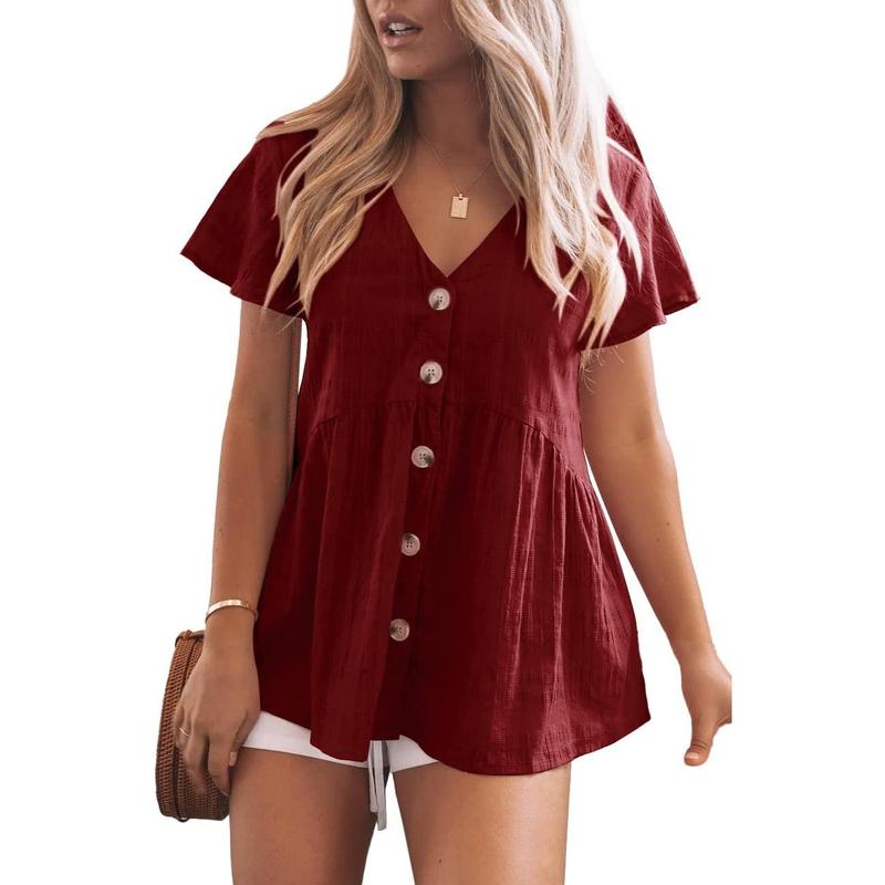 Women's Short Sleeve V Neck Blouse Button Down Shirt Loose Casual Ruffle Hem Babydoll Peplum Top