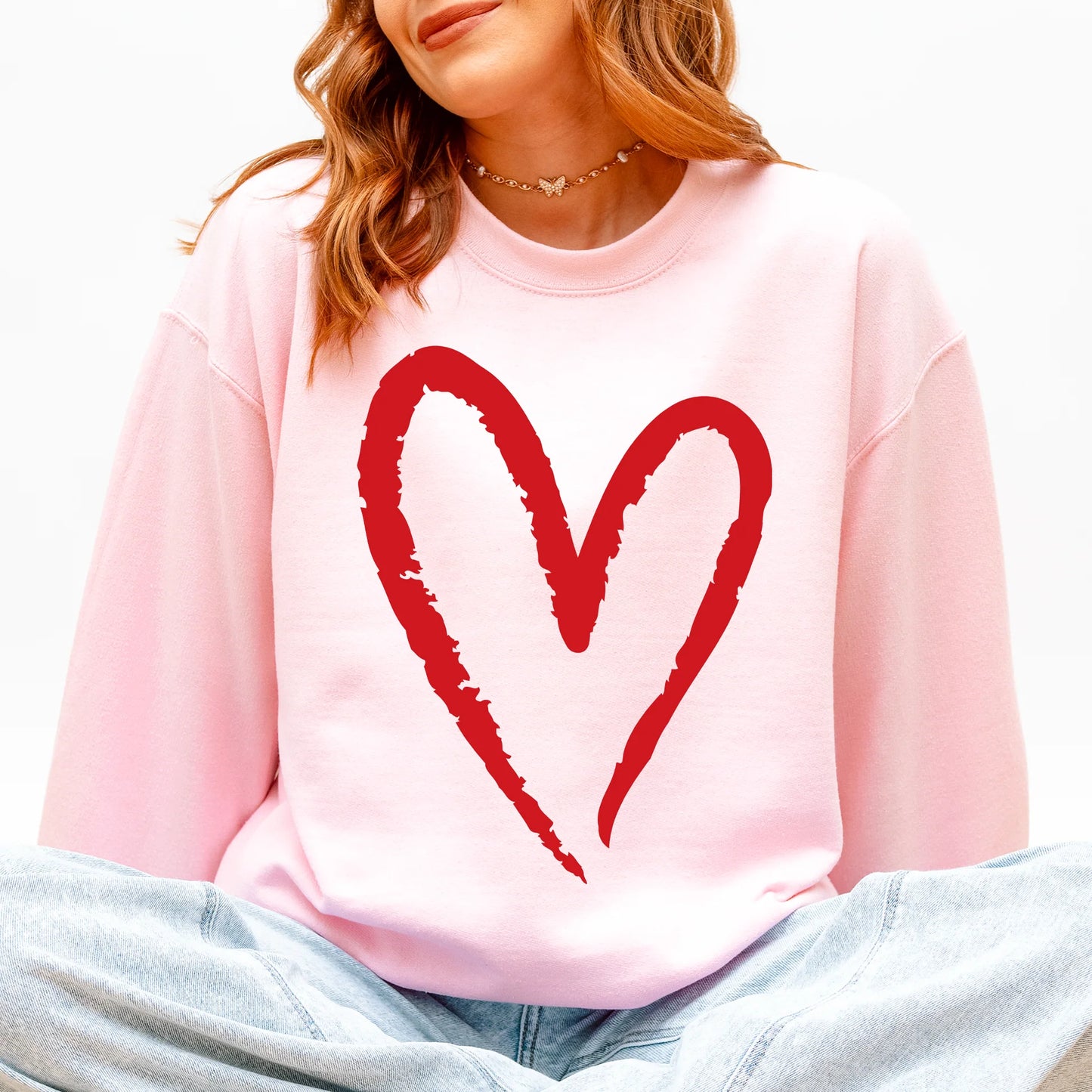 Womens Valentine Day Heart Print Crew Neck Sweatshirt