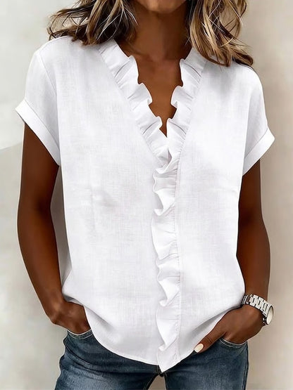 Women's V-Neck Ruffle Trim Short Sleeve Blouse