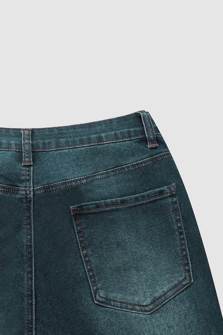 Washed Raw Hem Mid Waist Straight Leg Jeans