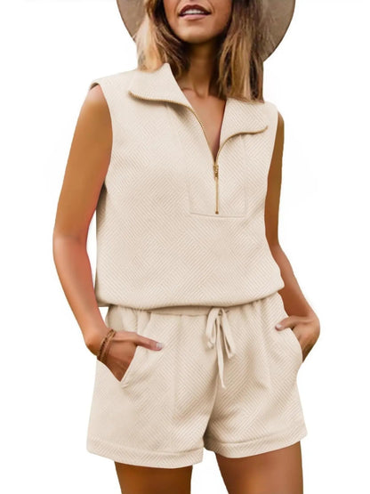 Limited time sale🔥Womens 2 Piece Outfits Short Sets Half Zip Sleeveless Tops and Drawstring Shorts
