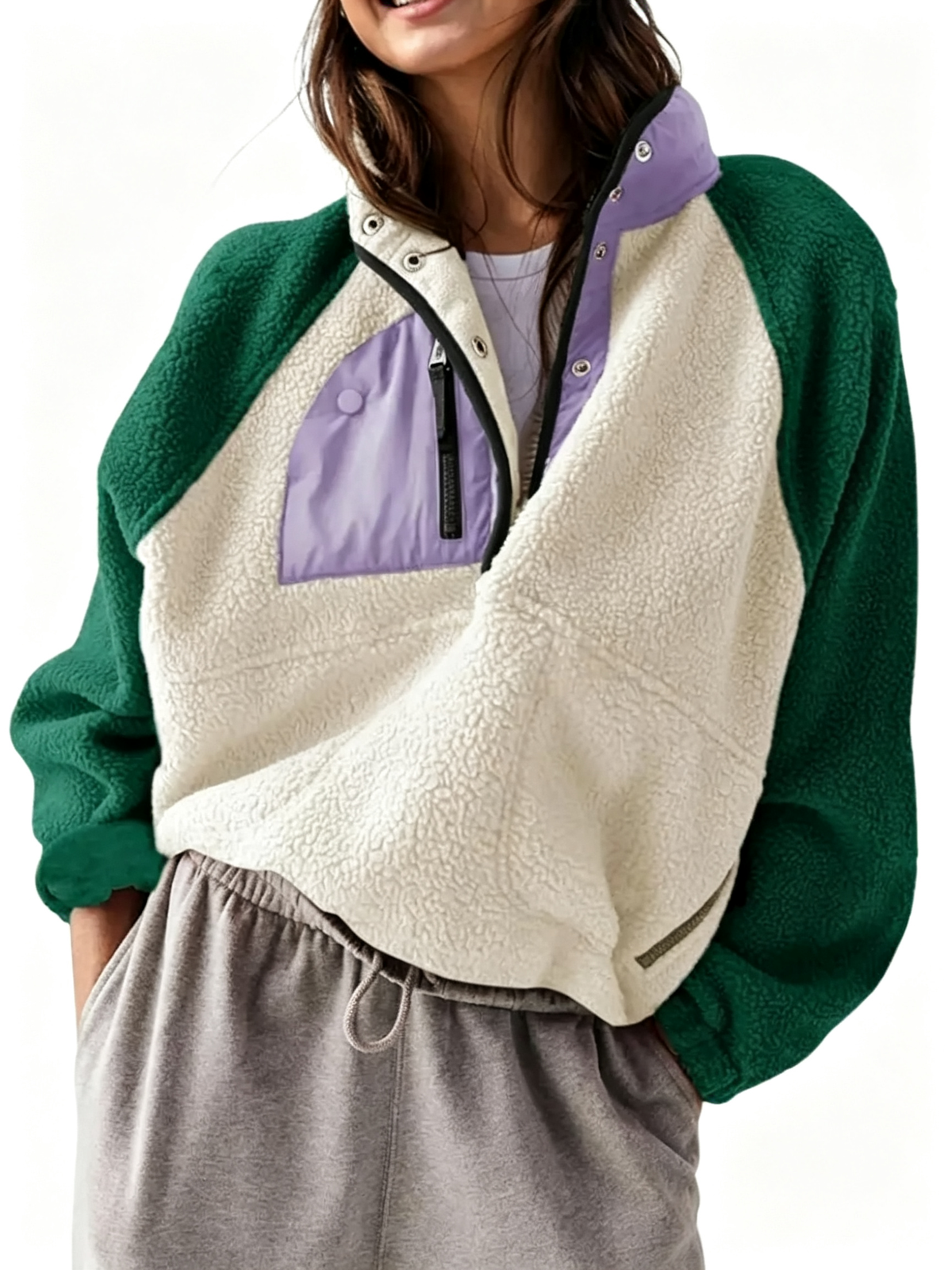 Women Color Block Half Snap Cropped Fleece Pullover Jacket