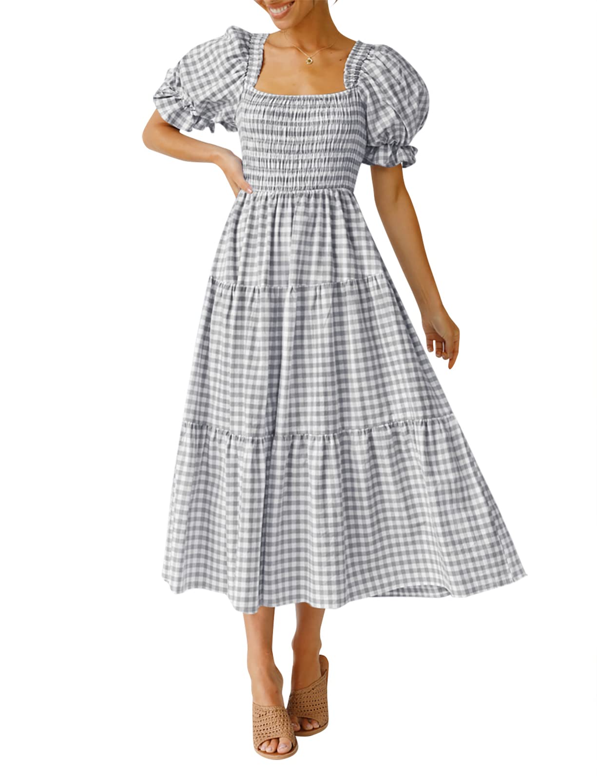 ✨Women's 2025 Summer Plaid Tiered Square Neck Puff Sleeve Ruffle Flowy Midi Dress