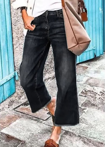 Washed Raw Hem Mid Waist Straight Leg Jeans