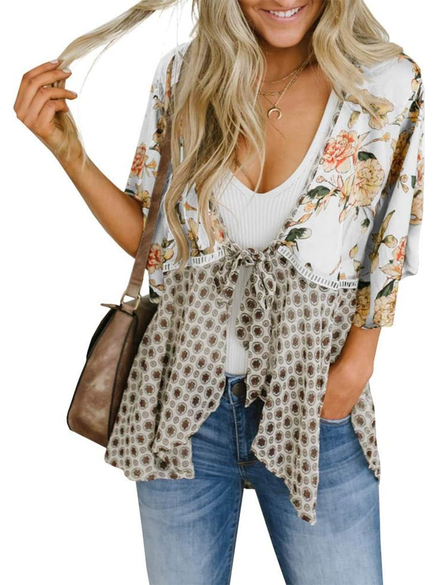 ⏰Hot Sale-Women's Floral Kimono Ruffle Sleeve Tie Cardigans Flowy Boho Loose Cover Ups