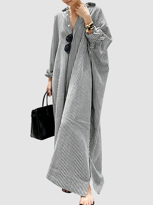 Women's Casual Long Sleeve Button Down Loose Striped Maxi Shirt Dress