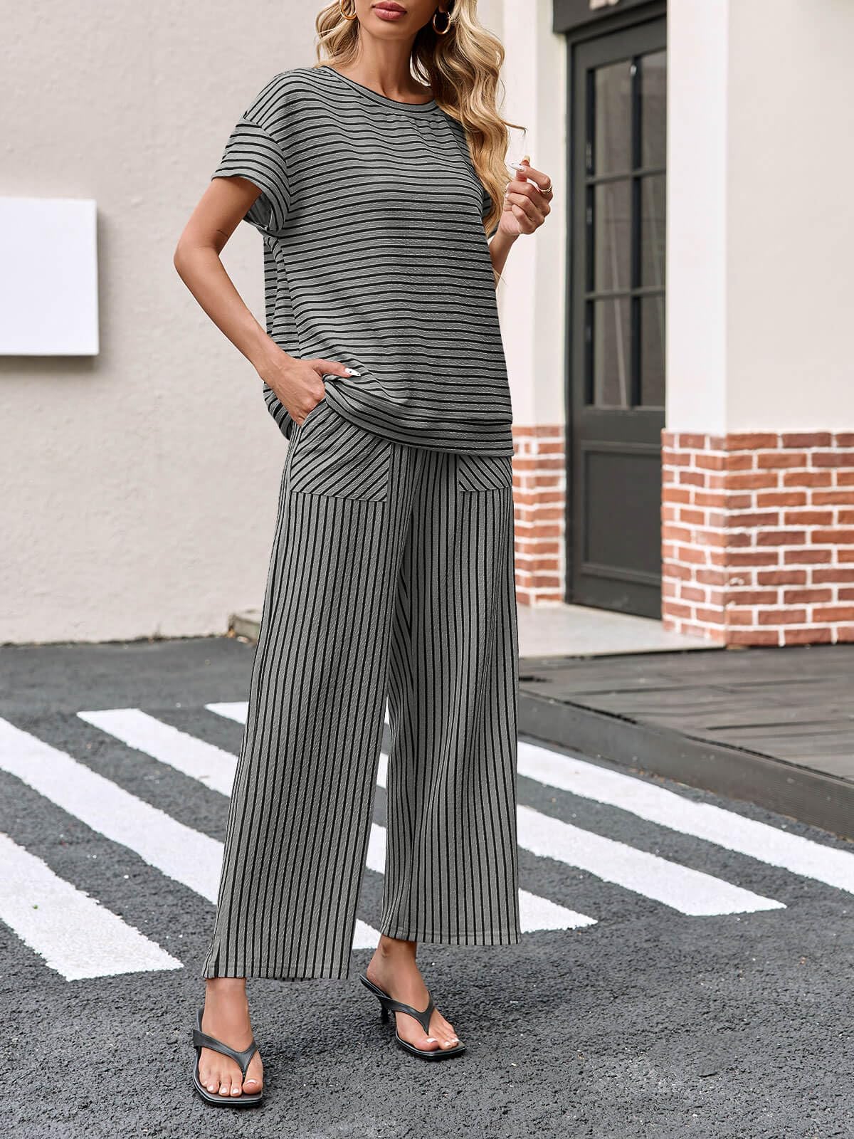 ⏰Hot Sale-Womens Striped 2 Piece Sets Short Sleeve T Shirts Wide Leg Pants with Pockets
