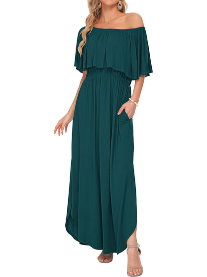 Limited time sale🔥Women's Off-Shoulder Floral Maxi Dress with Pockets & Side Slit
