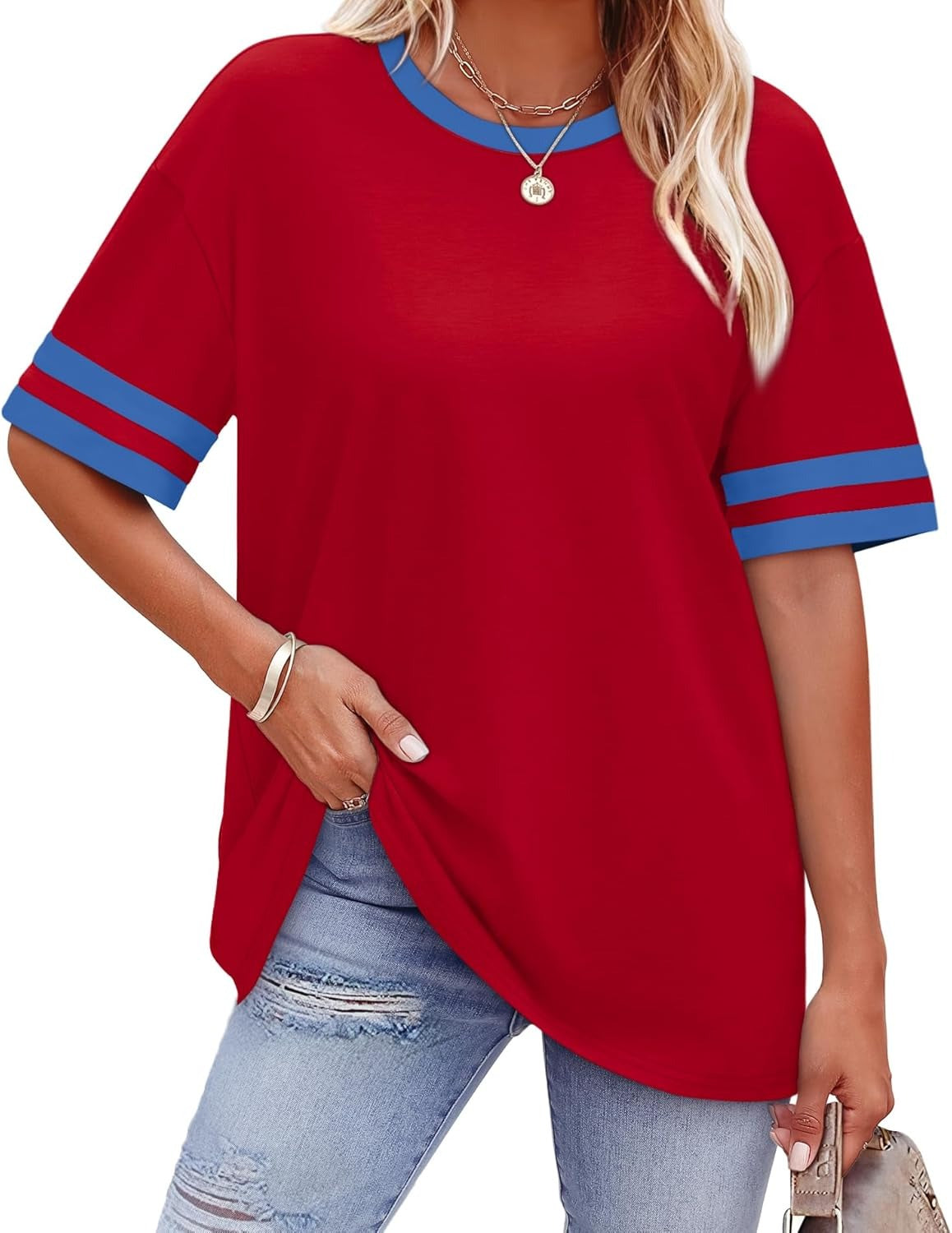 ✨ Women's Oversized Crew Neck Colorblock Striped Sleeve T-shirt
