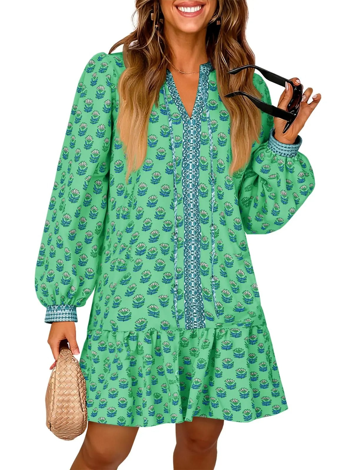 Floral V Neck Babydoll Dress with Pockets