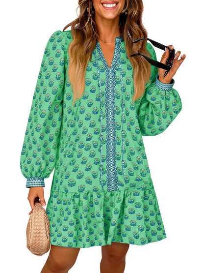 Floral V Neck Babydoll Dress with Pockets